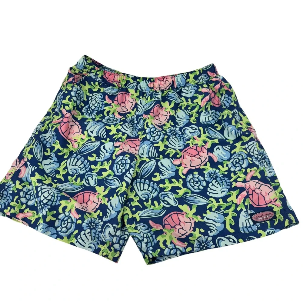 Vineyard Vines Mens‎ Sea Turtle Shell Print Swim Trunks Navy Blue Pink Large